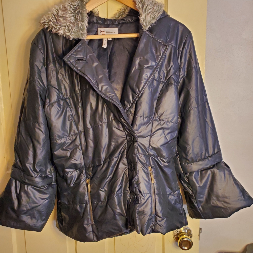 BCBGeneration Navy Puffer Jacket with Faux Fur Trim